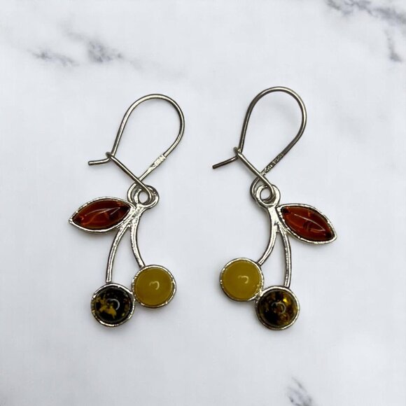 Sterling Silver 925 Amber Drop Dangle Earrings With Leaf & Round Design - Picture 1 of 14